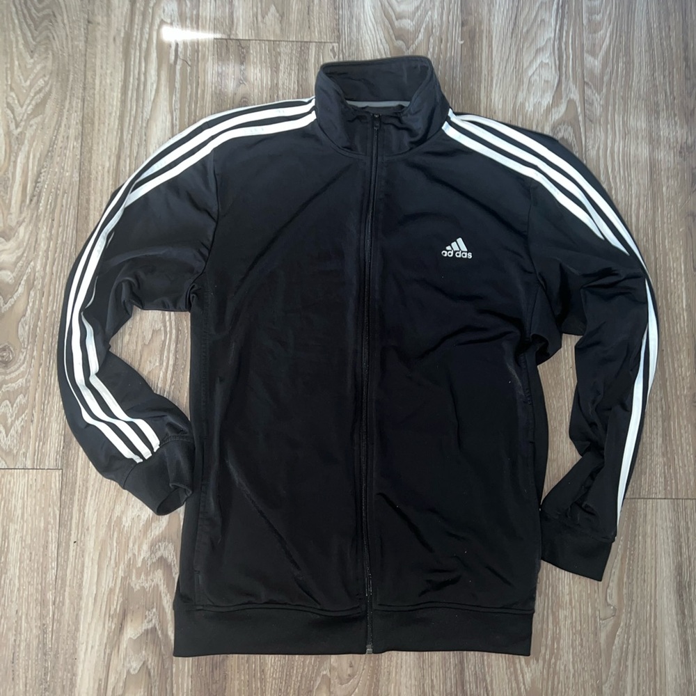 Adidas Men's Black Windbreaker with White Stripes
